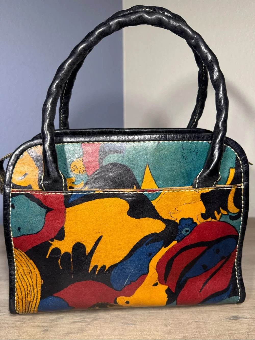 Patricia Nash Italian Leather Pop Art Satchel Handbag Colorful Faces - Picture 3 of 10